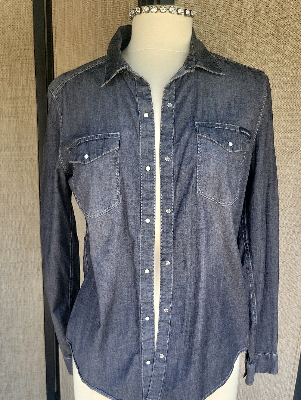 Calvin Klein Womans Black Denim Pearl Snap-Front Shirt